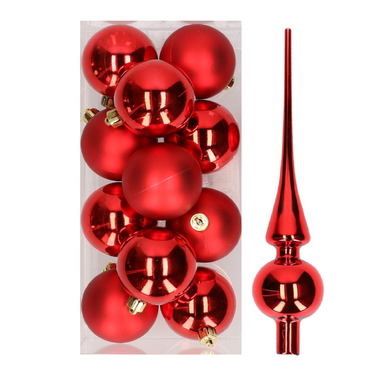 12x Kerst rode kunststof kerstballen met glazen piek glans