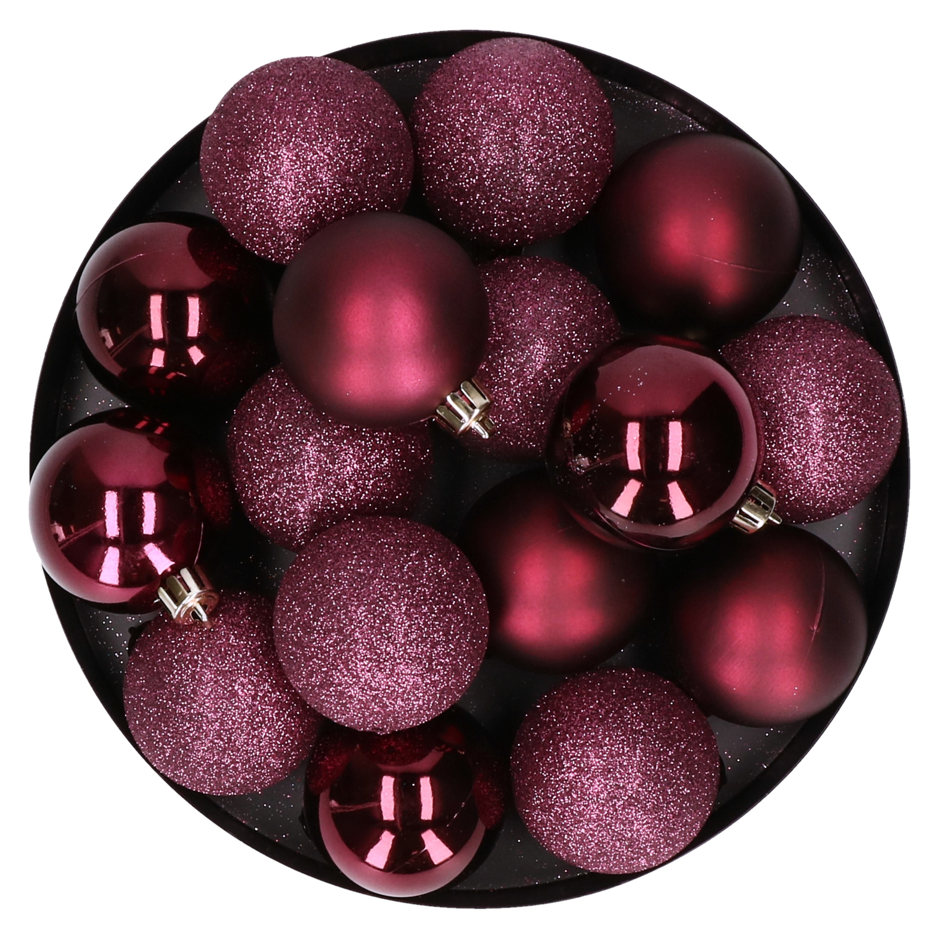 12x stuks kunststof kerstballen aubergine roze 6 cm mat-glans-glitter