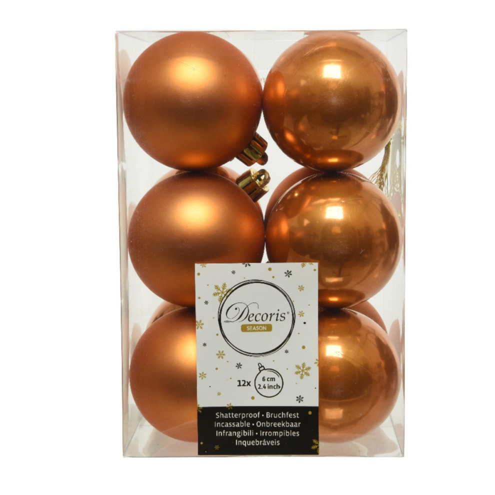 12x stuks kunststof kerstballen cognac bruin (amber) 6 cm glans-mat