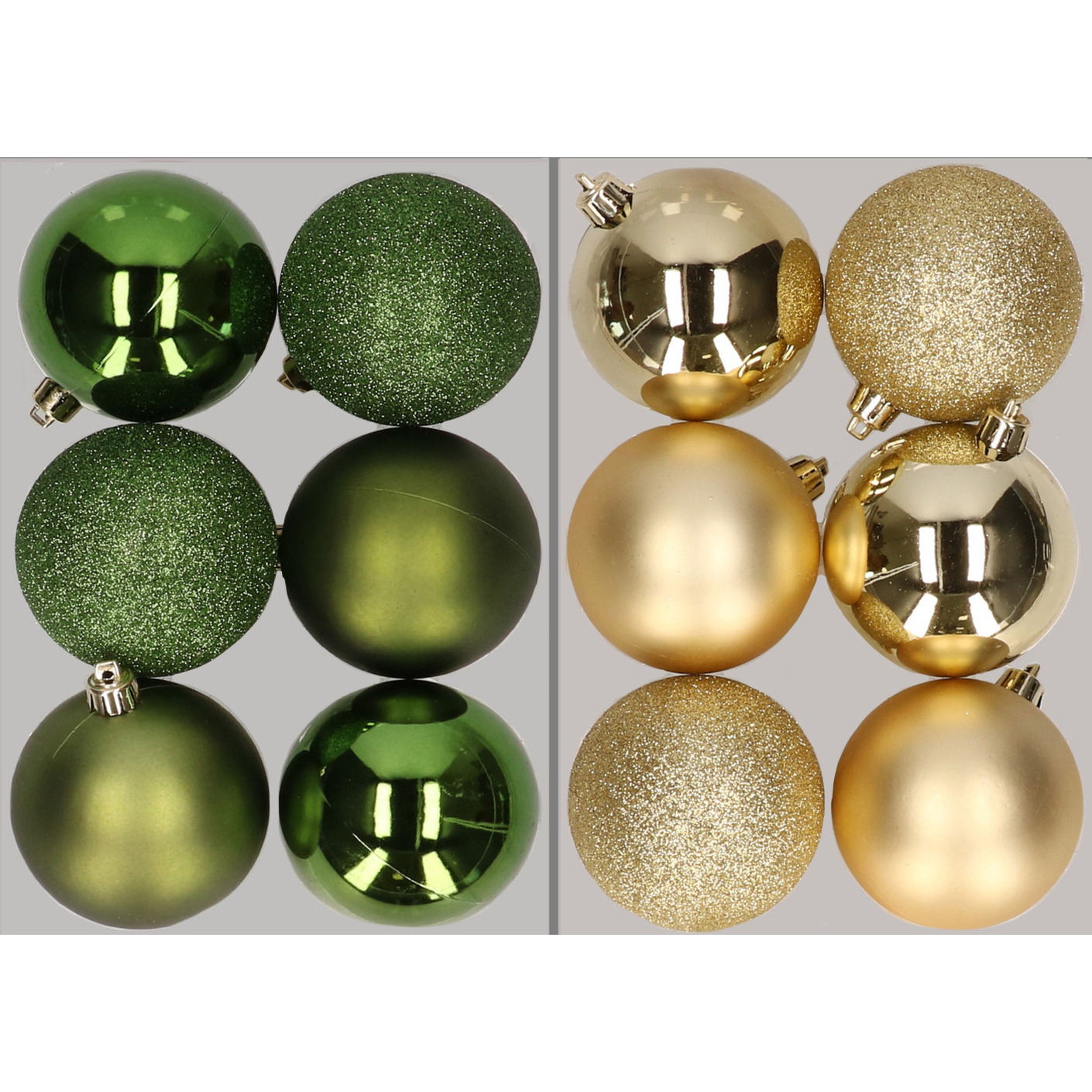 12x stuks kunststof kerstballen mix van appelgroen en goud 8 cm