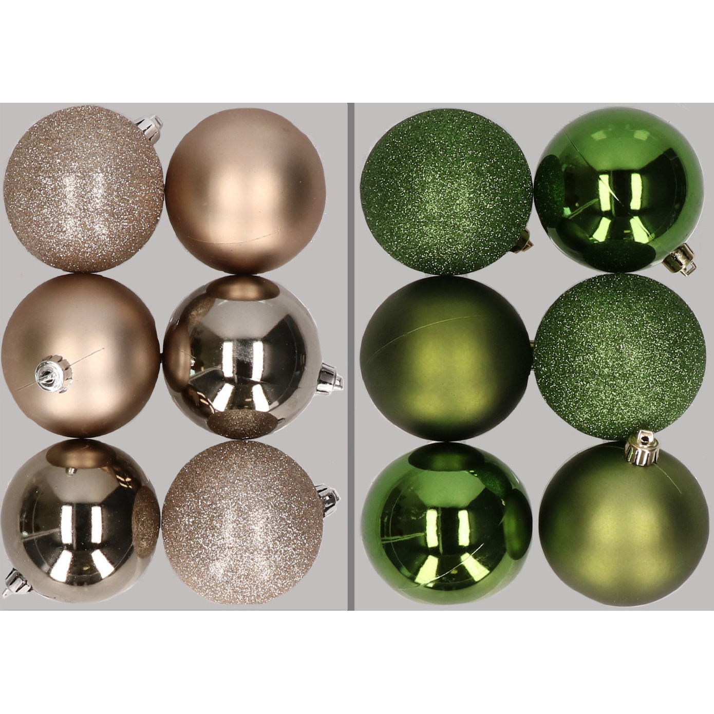 12x stuks kunststof kerstballen mix van champagne en appelgroen 8 cm