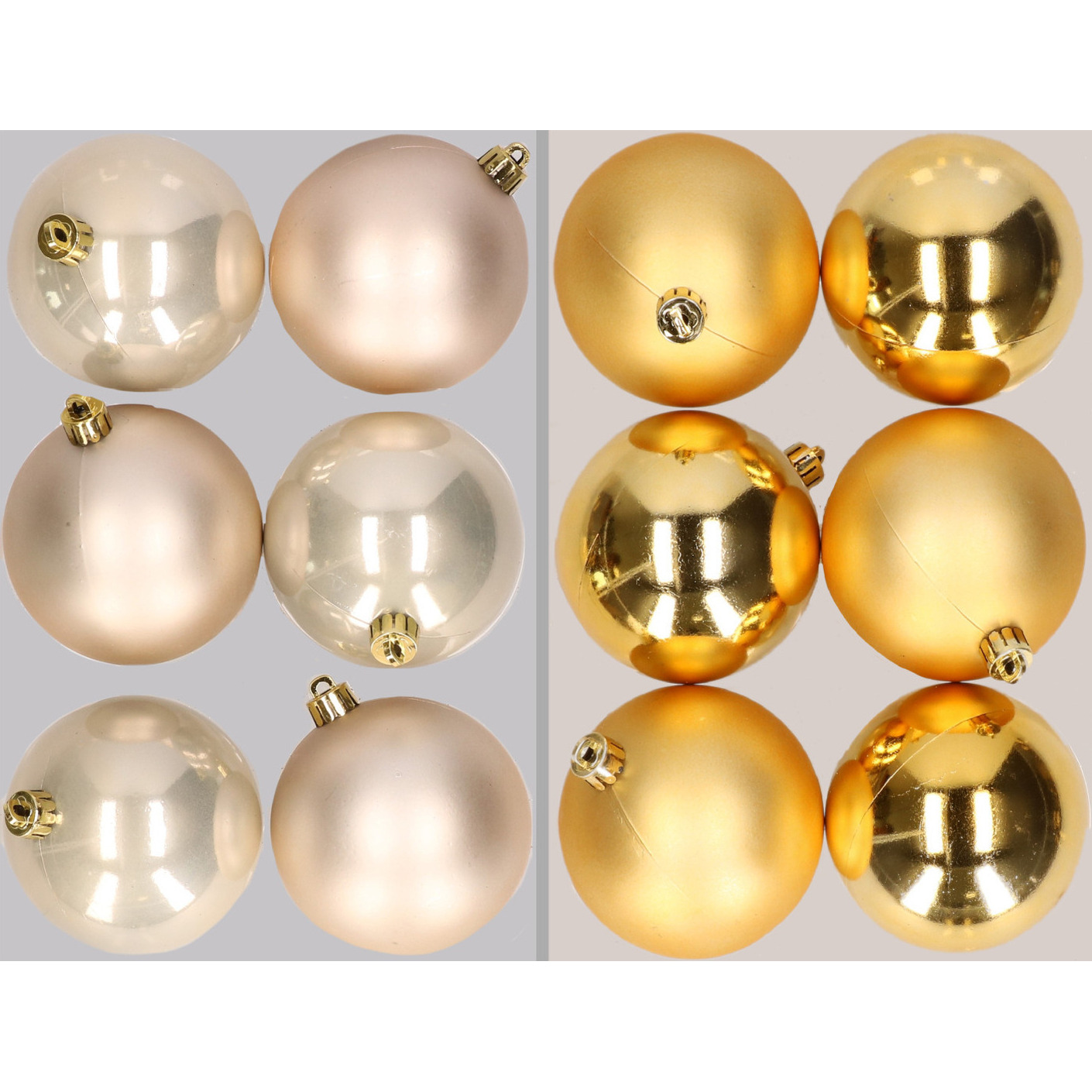 12x stuks kunststof kerstballen mix van champagne en goud 8 cm