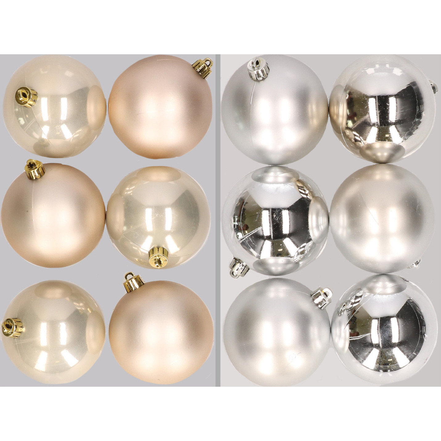 12x stuks kunststof kerstballen mix van champagne en zilver 8 cm