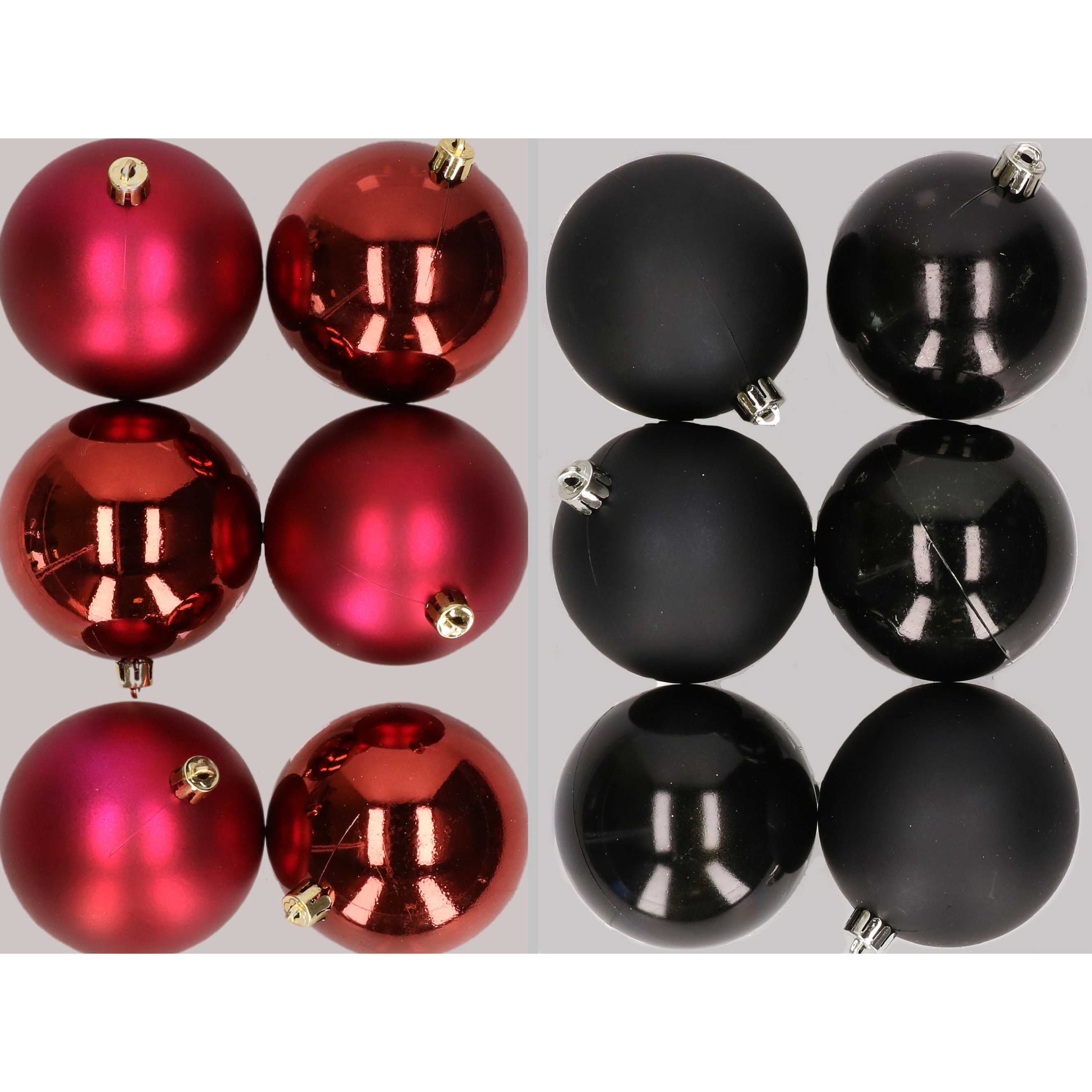 12x stuks kunststof kerstballen mix van donkerrood en zwart 8 cm