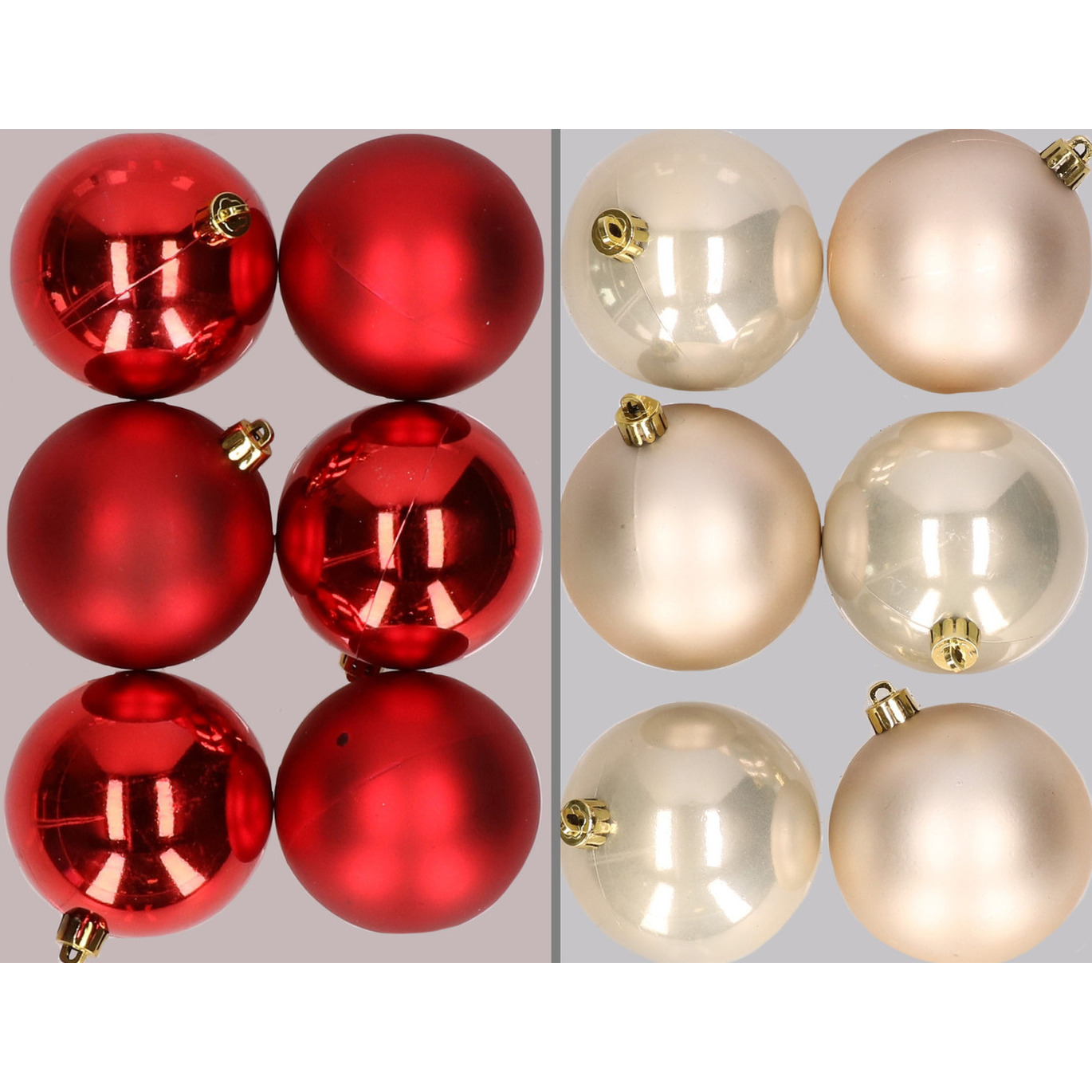 12x stuks kunststof kerstballen mix van rood en champagne 8 cm