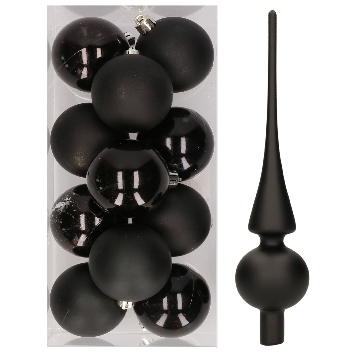 12x Zwarte kunststof kerstballen met glazen piek mat