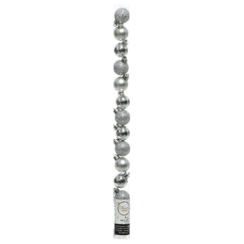 14x stuks kleine zilveren kunststof kerstballen 3 cm glans-mat-glitter