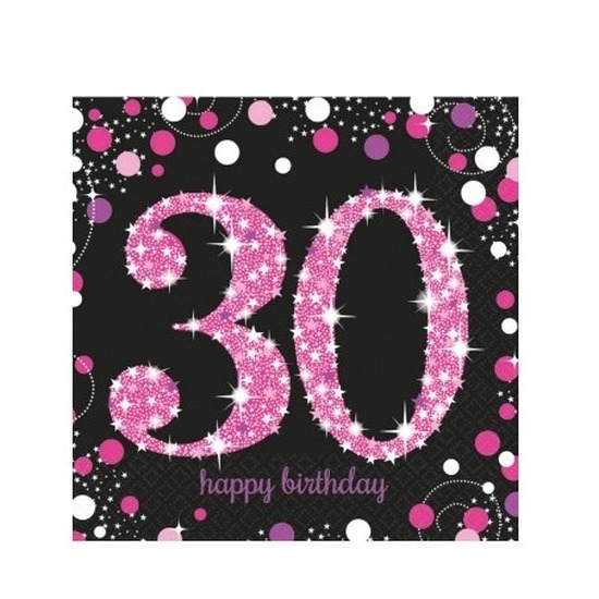 16x Happy birthday 30 jaar servetten zwart-roze