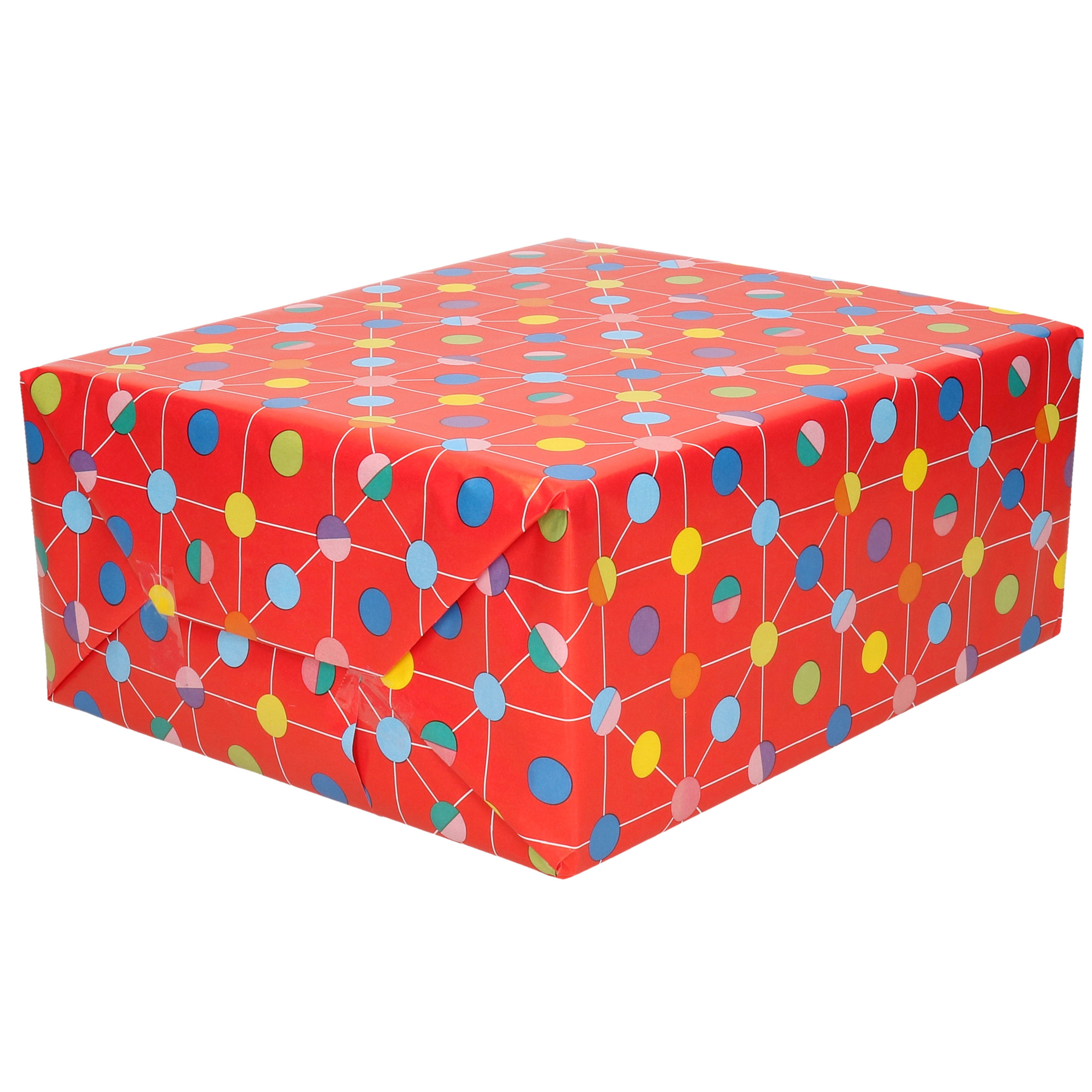1x Inpakpapier-cadeaupapier rood met gekleurde stippen 200 x 70 cm op rol