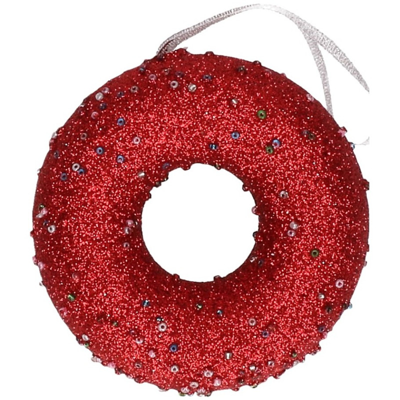 1x Kersthangers figuurtjes donut kerst rood met kraaltjes 10 cm