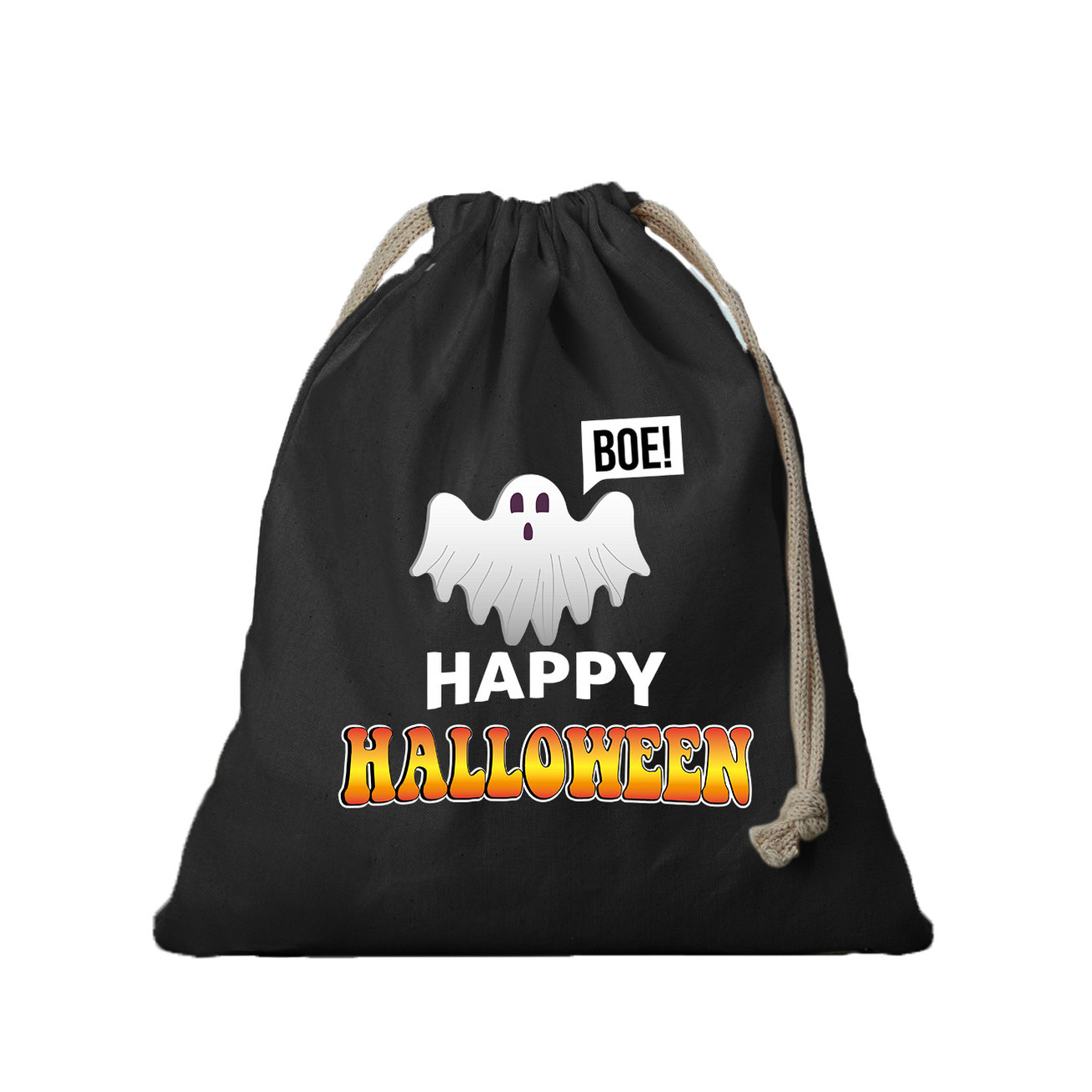 1x Spook-happy halloween canvas snoep tasje- snoepzakje zwart met koord 25 x 30 cm