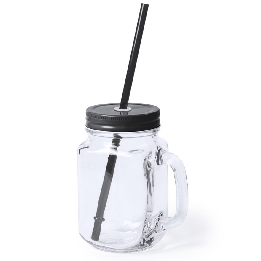 1x stuks glazen Mason Jar drinkbekers zwarte dop-rietje 500 ml