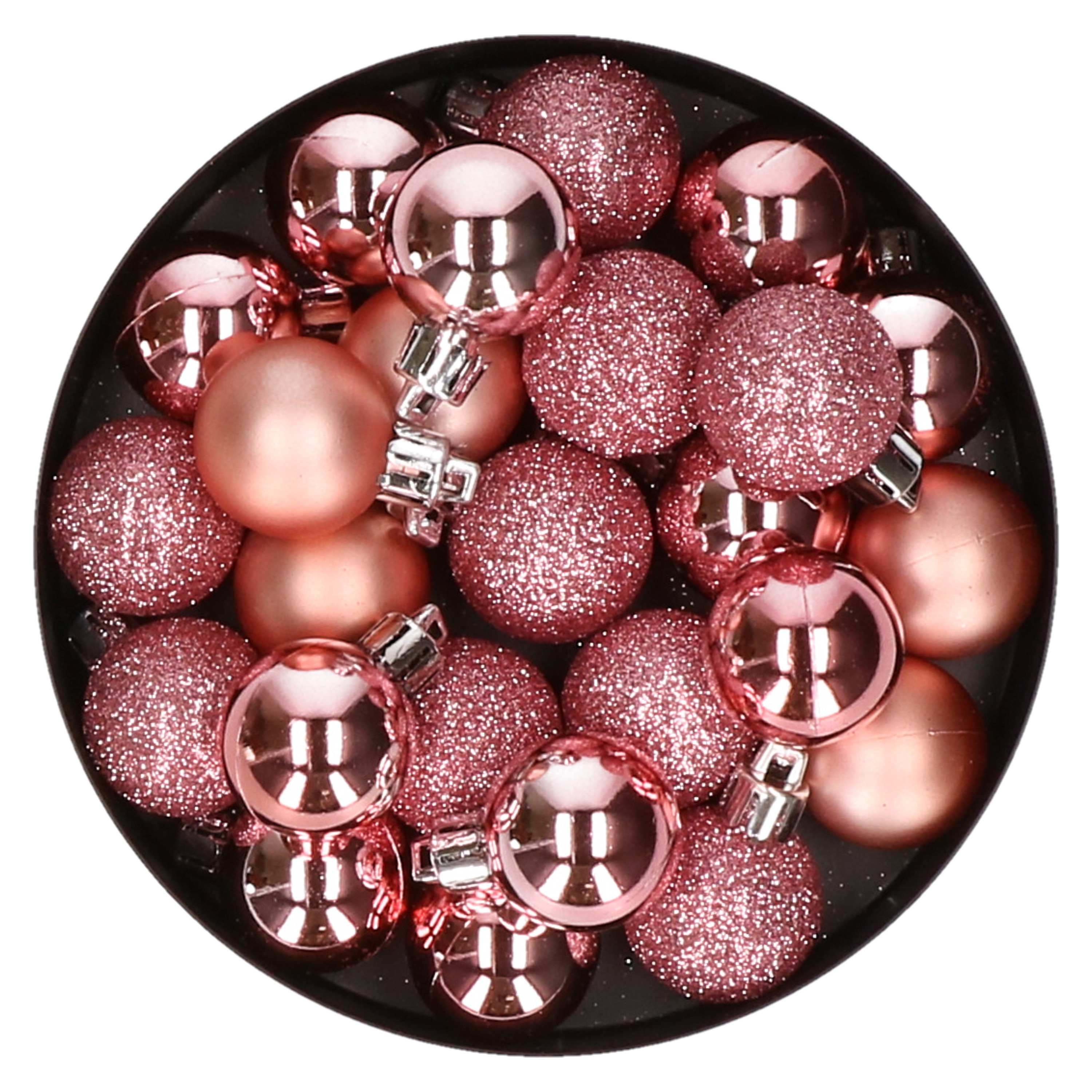 20x stuks kleine kerstballen 3 cm roze kunststof mat-glans-glitter