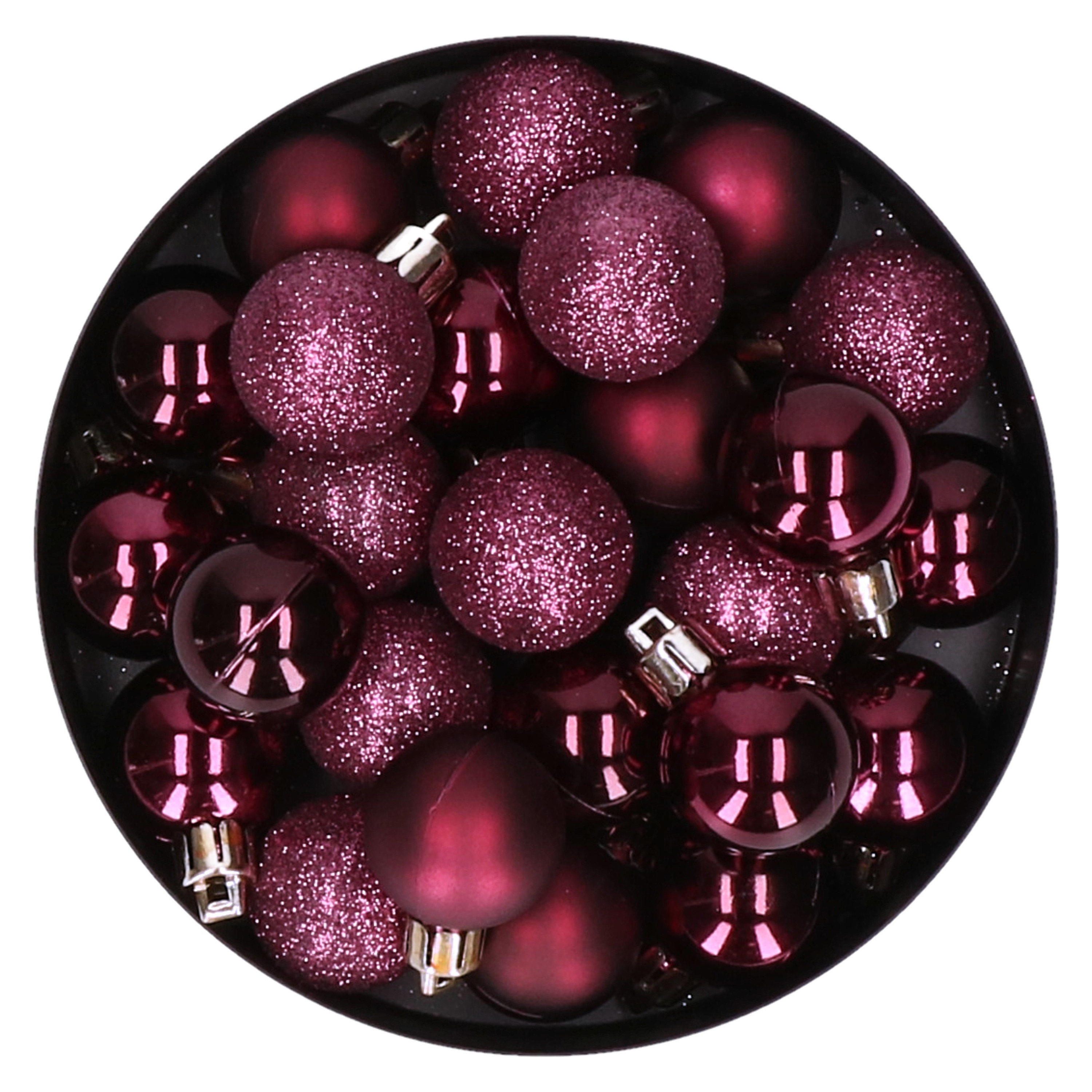 20x stuks kleine kunststof kerstballen aubergine roze 3 cm mat-glans-glitter