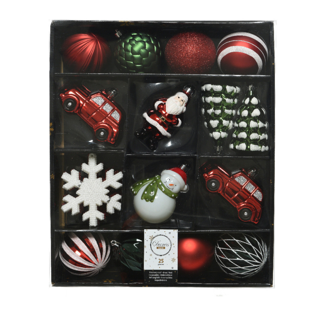 25x stuks kerstballen en kersthangers figuurtjes rood-wit-groen kunststof