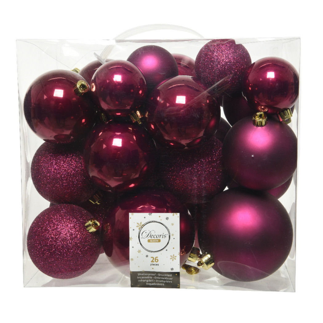 26x stuks kunststof kerstballen framboos roze (magnolia) 6-8-10 cm