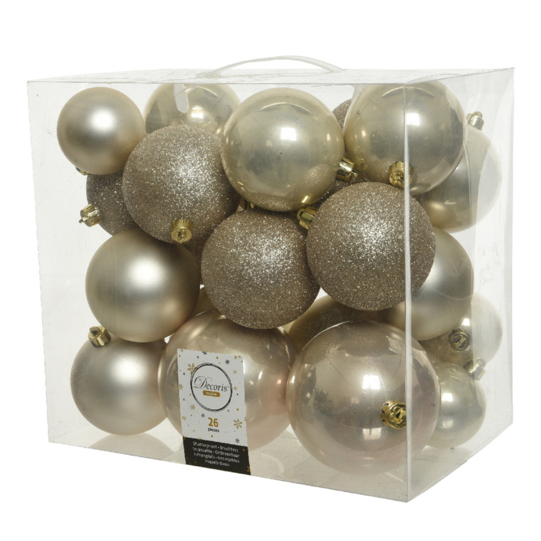 26x stuks kunststof kerstballen licht parel-champagne 6-8-10 cm glans-mat-glitter