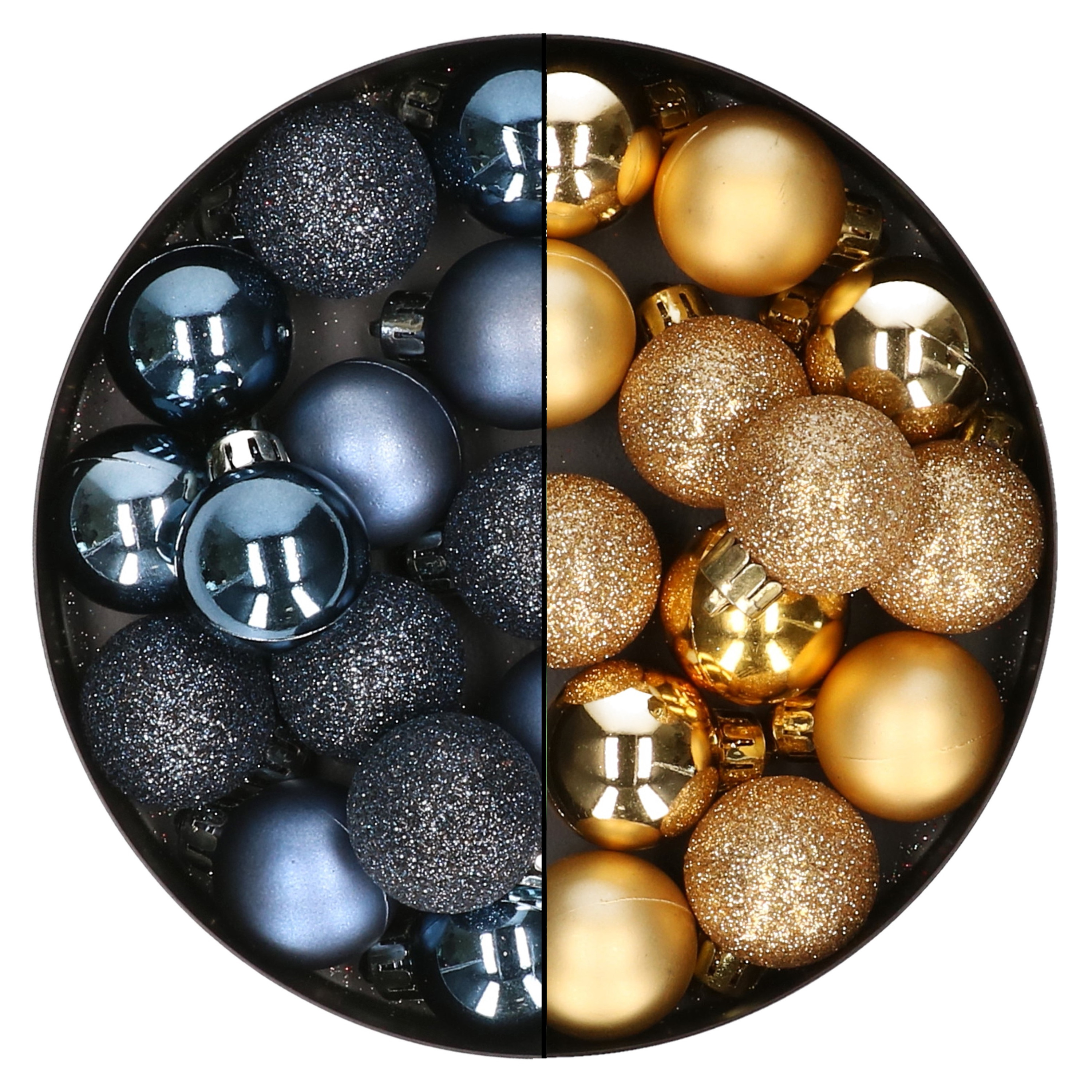 28x stuks kleine kunststof kerstballen nachtblauw en goud 3 cm