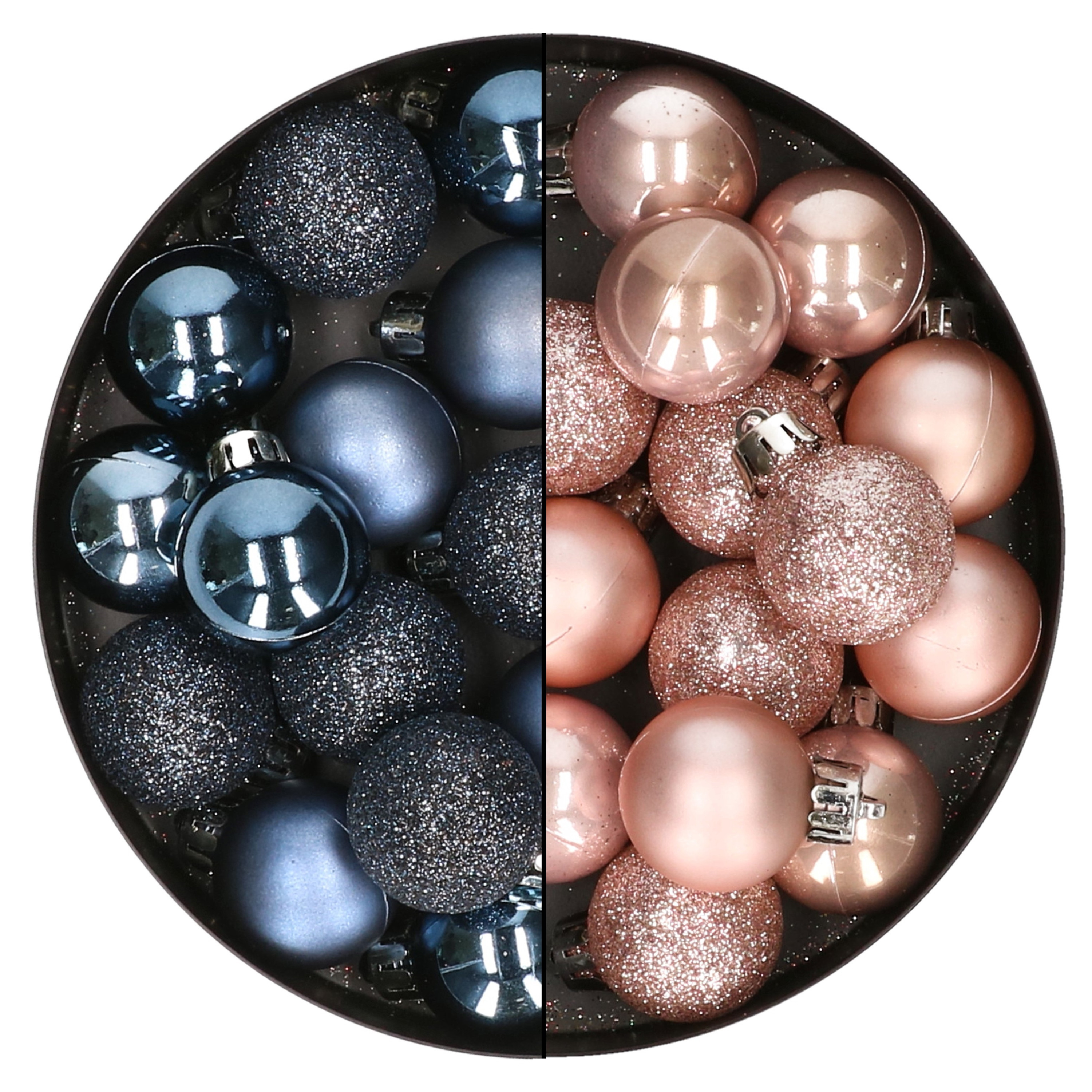 28x stuks kleine kunststof kerstballen nachtblauw en zacht roze 3 cm