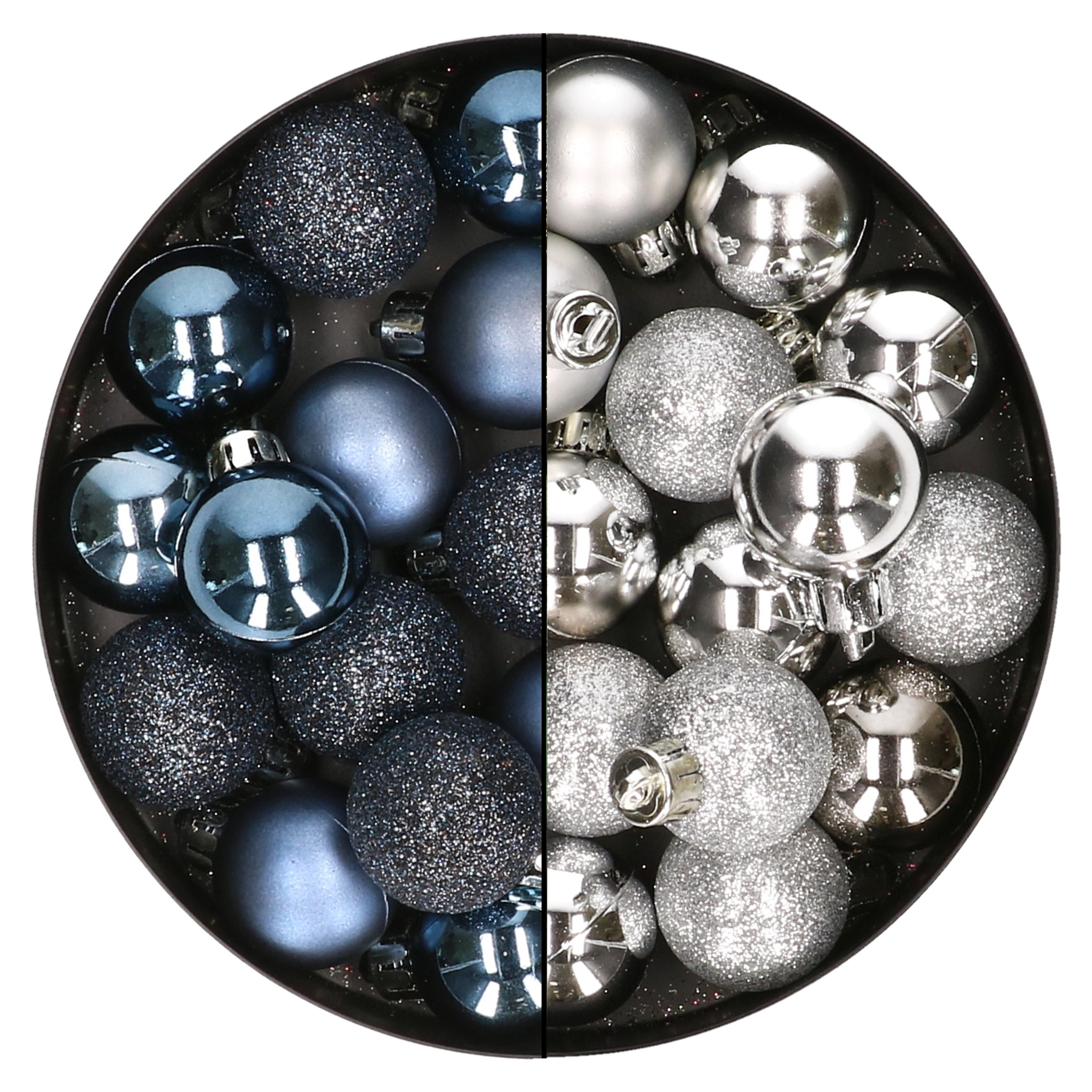 28x stuks kleine kunststof kerstballen nachtblauw en zilver 3 cm