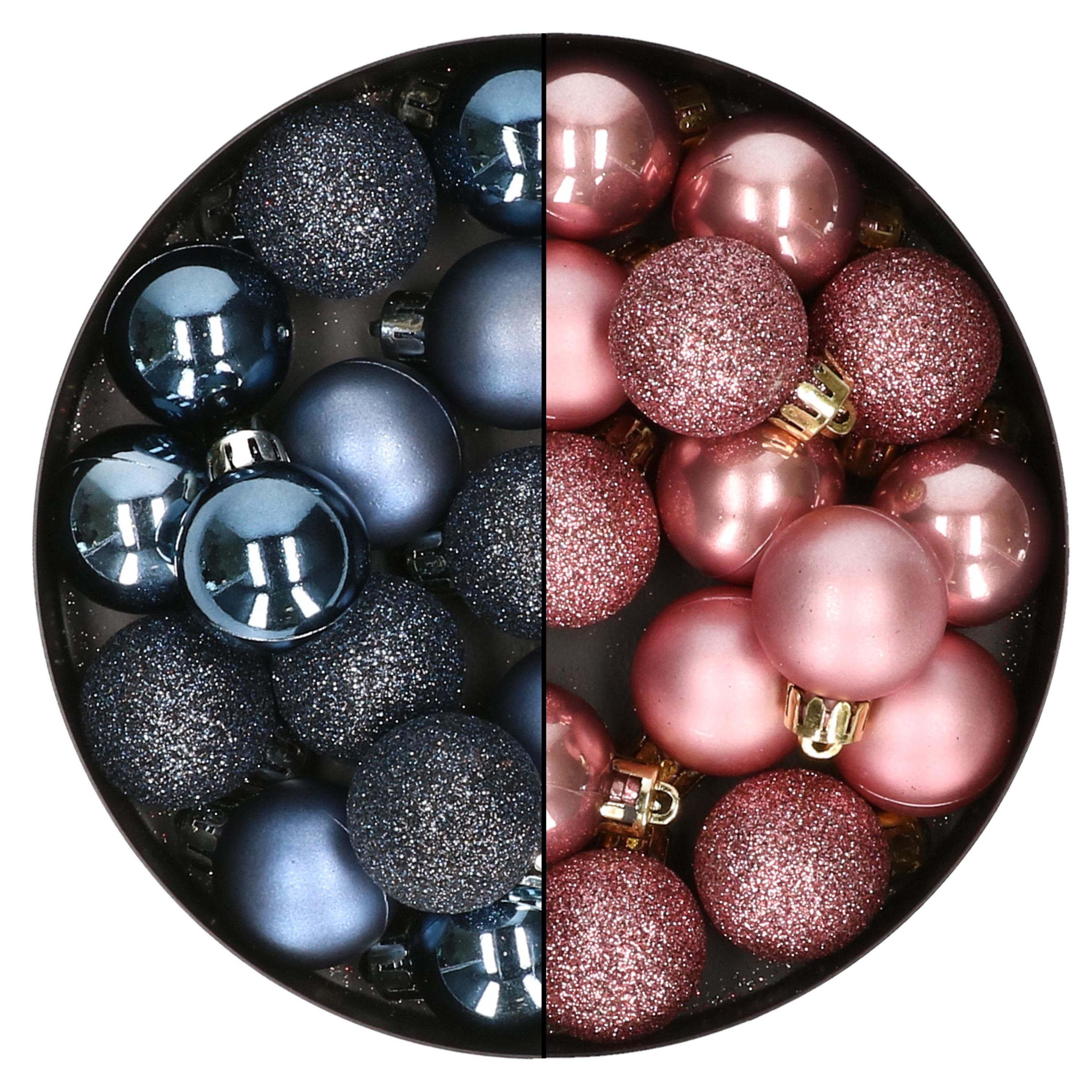 28x stuks kleine kunststof kerstballen velvet roze en nachtblauw 3 cm
