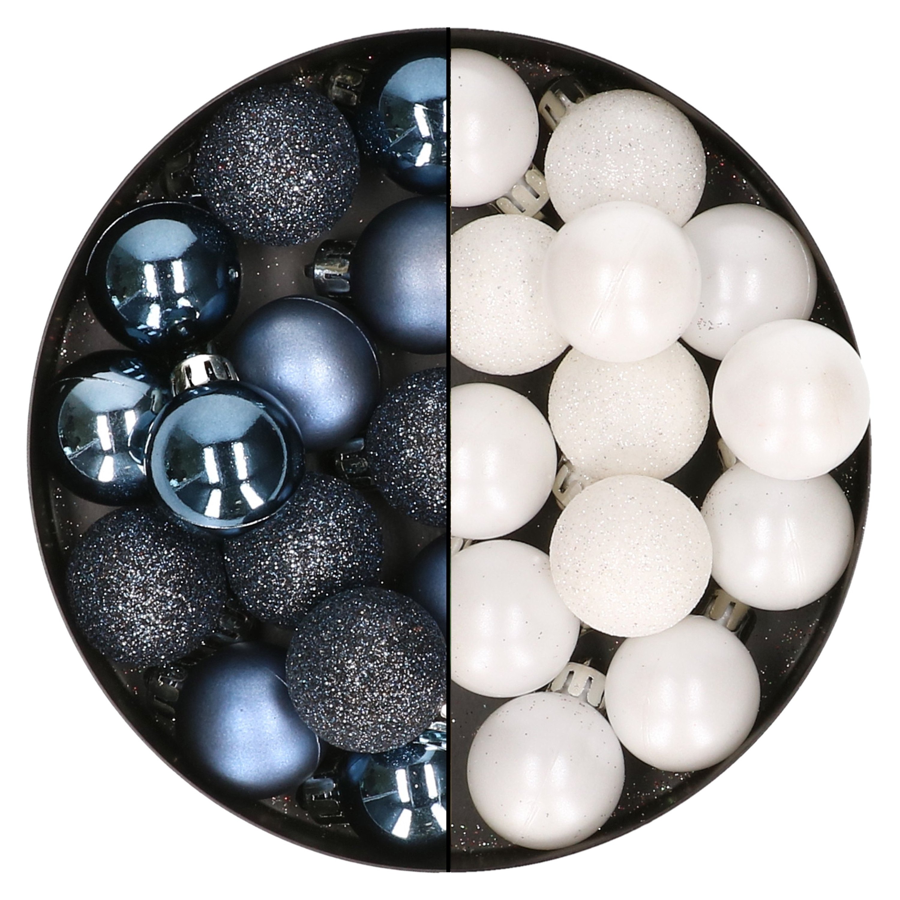 28x stuks kleine kunststof kerstballen wit en nachtblauw 3 cm
