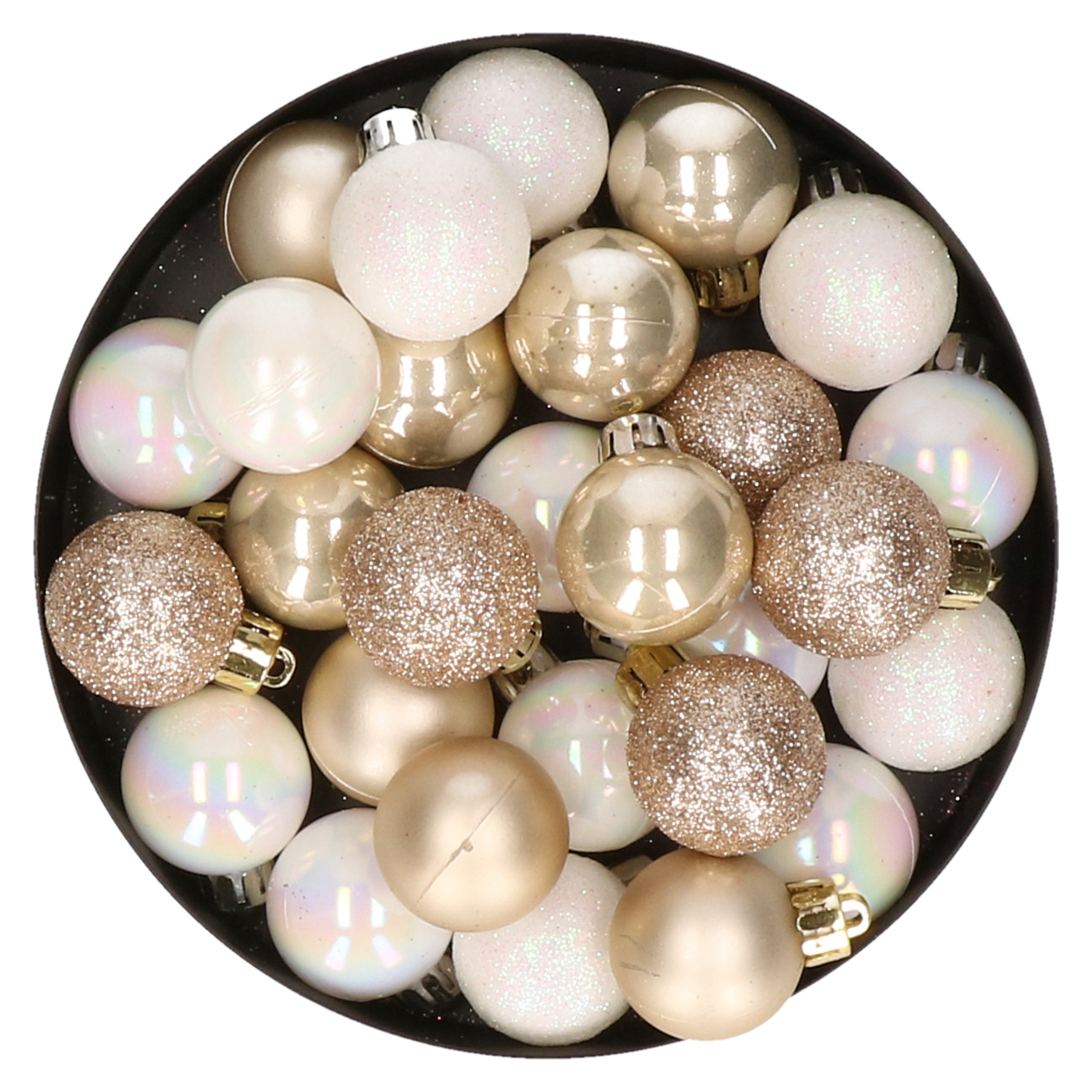 28x stuks kunststof kerstballen parelmoer wit en parel champagne mix 3 cm