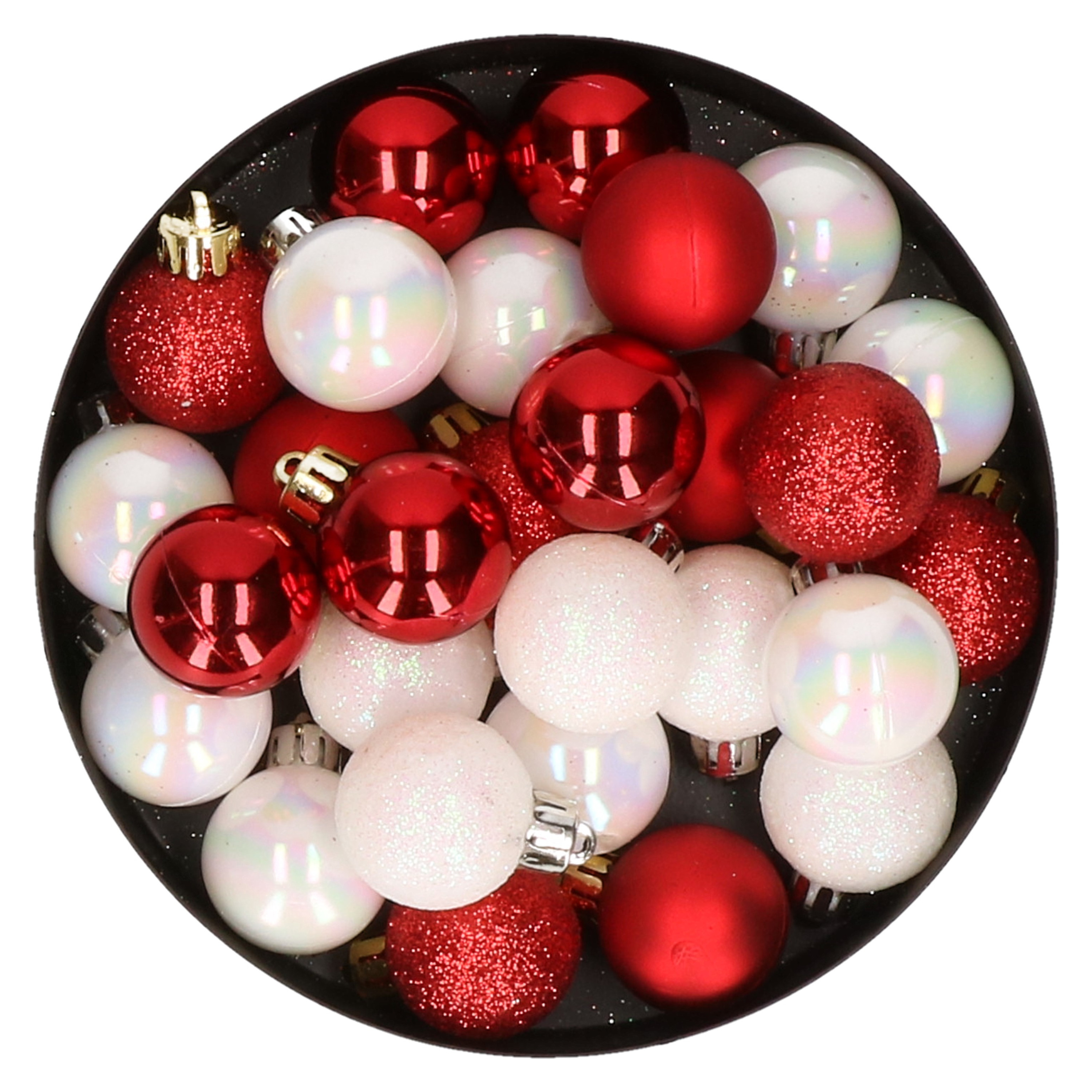 28x stuks kunststof kerstballen parelmoer wit en rood mix 3 cm