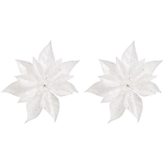 2x Kerstartikelen witte bloemen kerstboompiek 18 cm