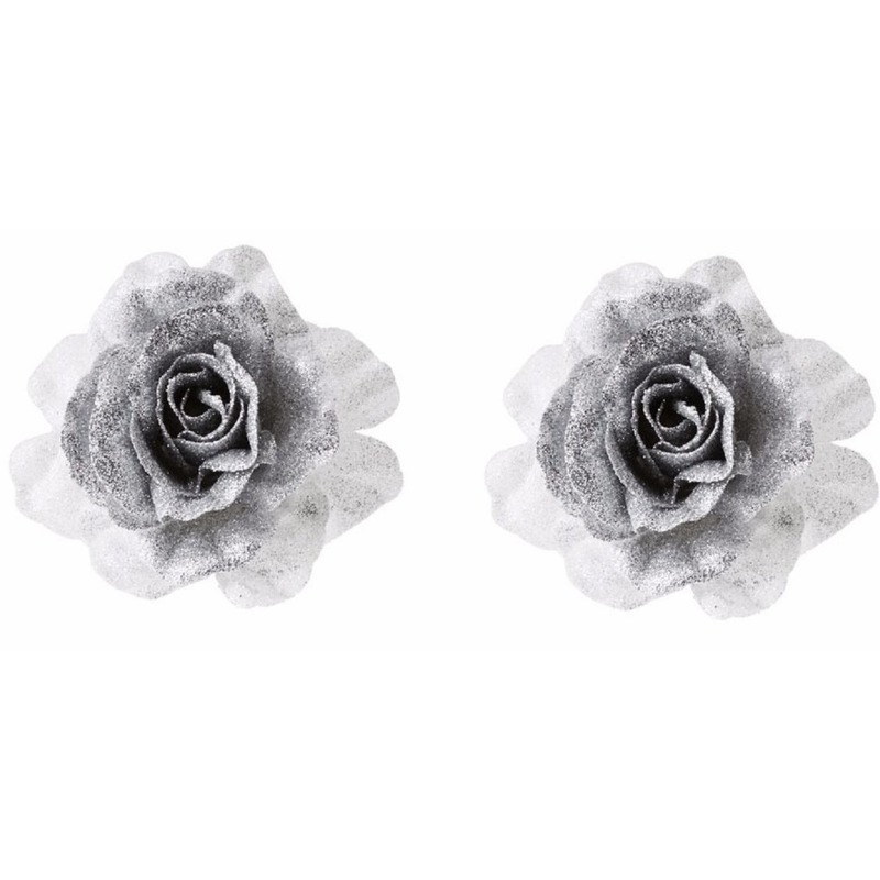2x Kerstartikelen zilver-witte bloemen kerstboompiek 18 cm
