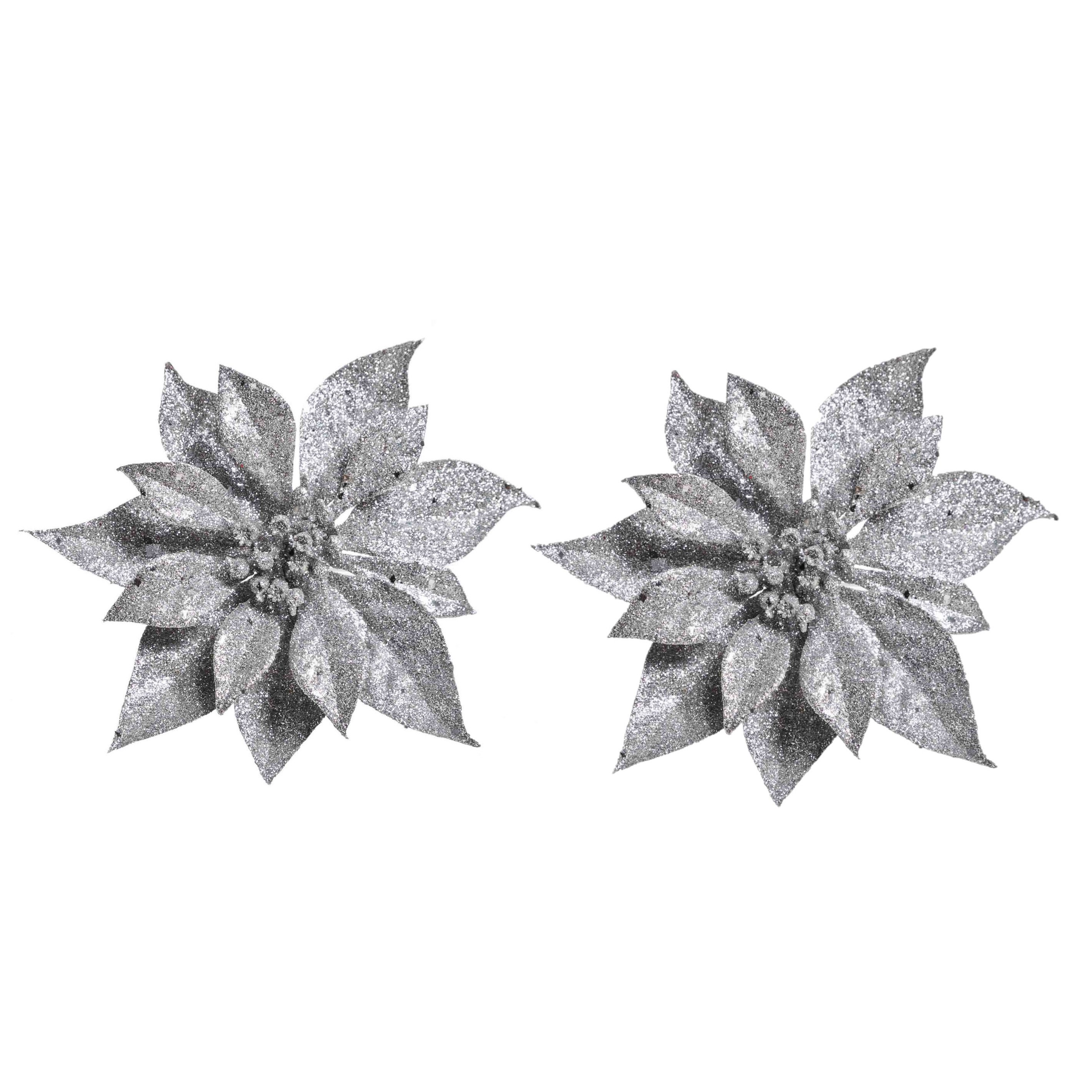 2x Kerstartikelen zilveren bloemen kerstboompiek 18 cm