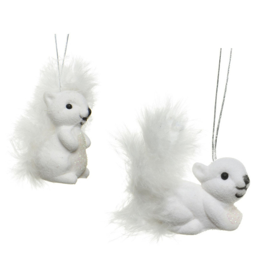 2x Kerstboomhangers witte eekhoorns 6 cm kerstversiering