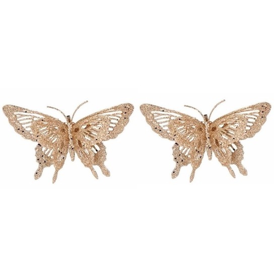 2x Kerstversiering vlinder goud-glitter 15 cm