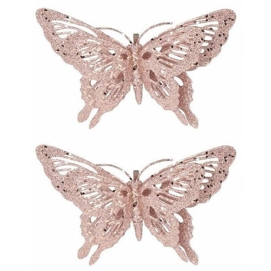 2x Kerstversiering vlinder roze-glitter 15 cm