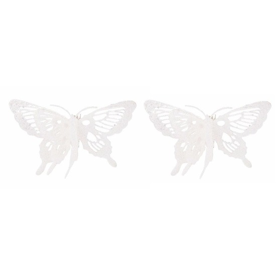 2x Kerstversiering vlinder wit-glitter 15 cm