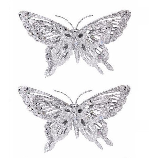 2x Kerstversiering vlinder zilver-glitter 15 cm
