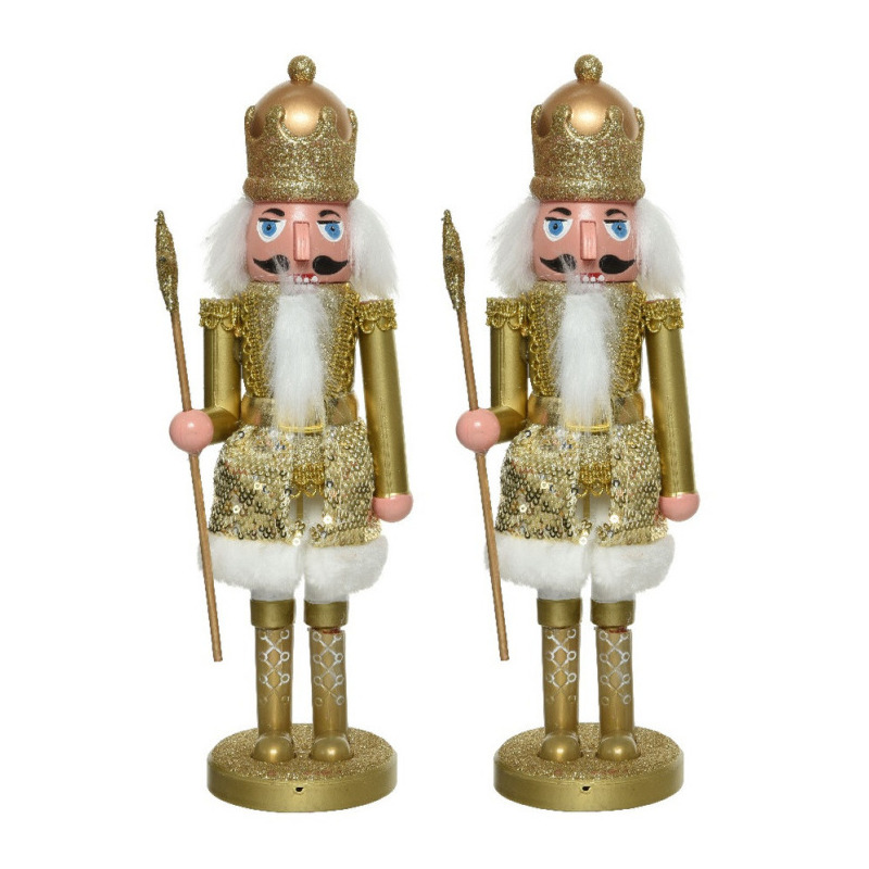 2x stuks kerstbeeldjes kunststof notenkraker poppetjes-soldaat goud 28 cm kerstbeeldjes