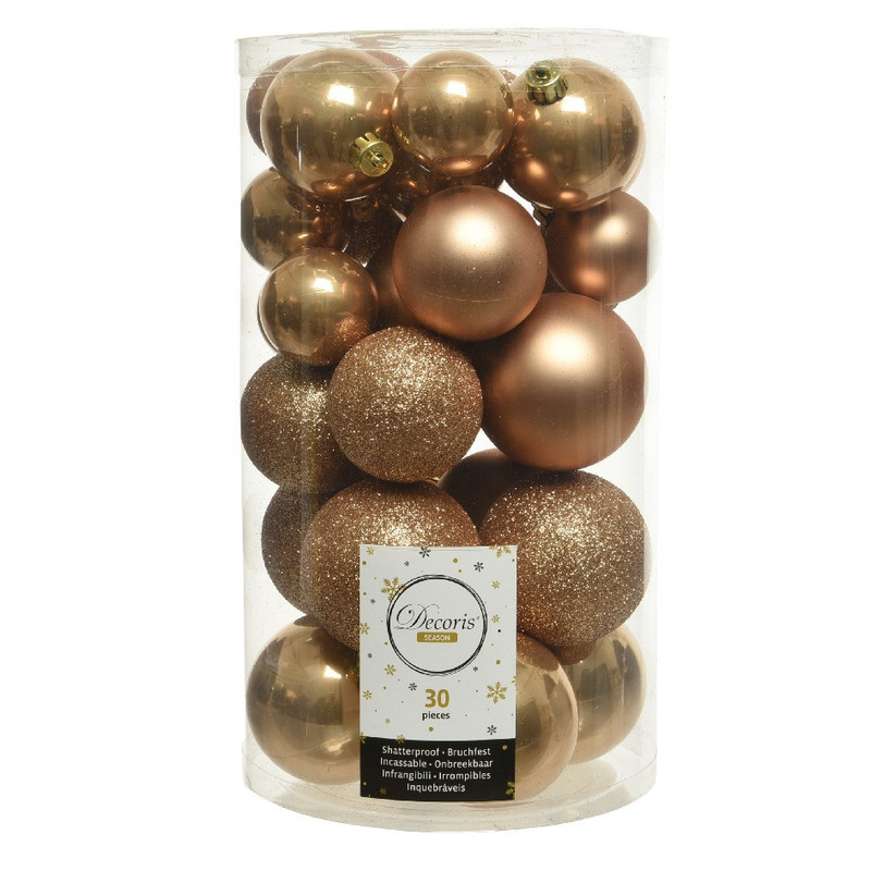 30x Camel bruine kerstballen 4 5 6 cm kunststof mat-glans-glans-glitter
