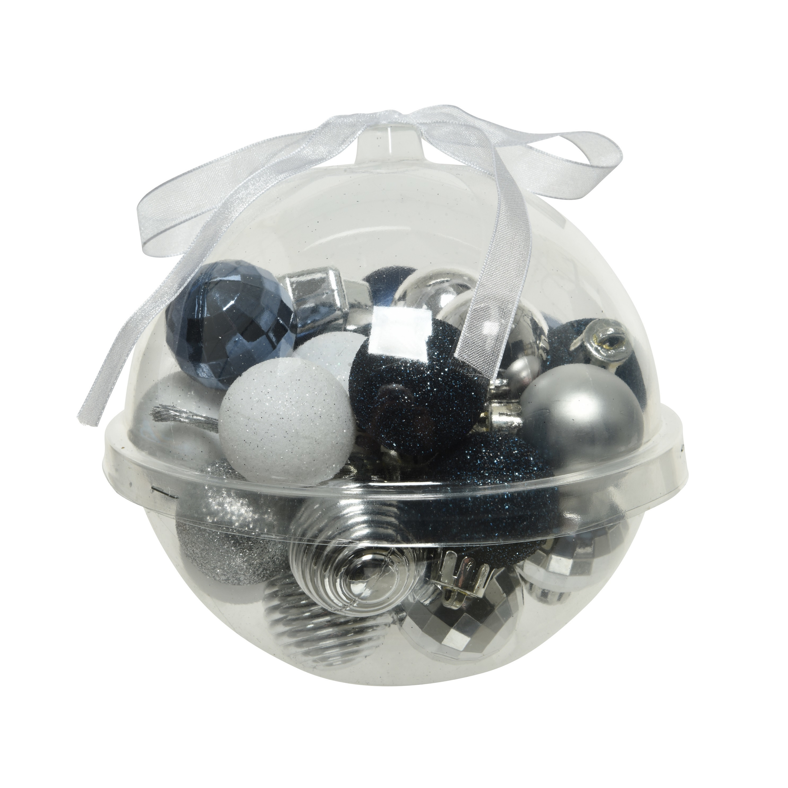 30x stuks kleine kunststof kerstballen donkerblauw-wit-zilver 3 cm