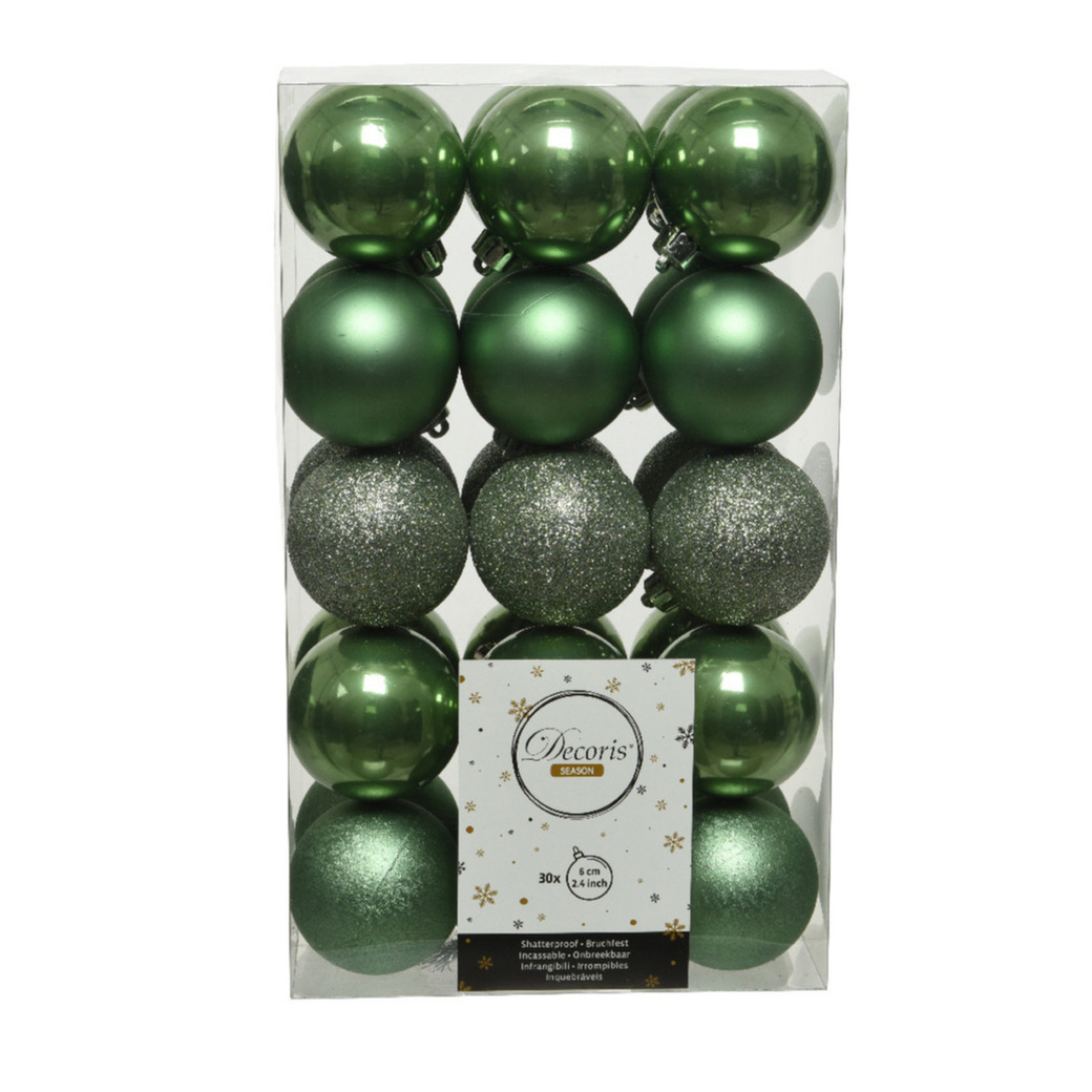 30x stuks kunststof kerstballen salie groen (sage) 6 cm glans-mat-glitter