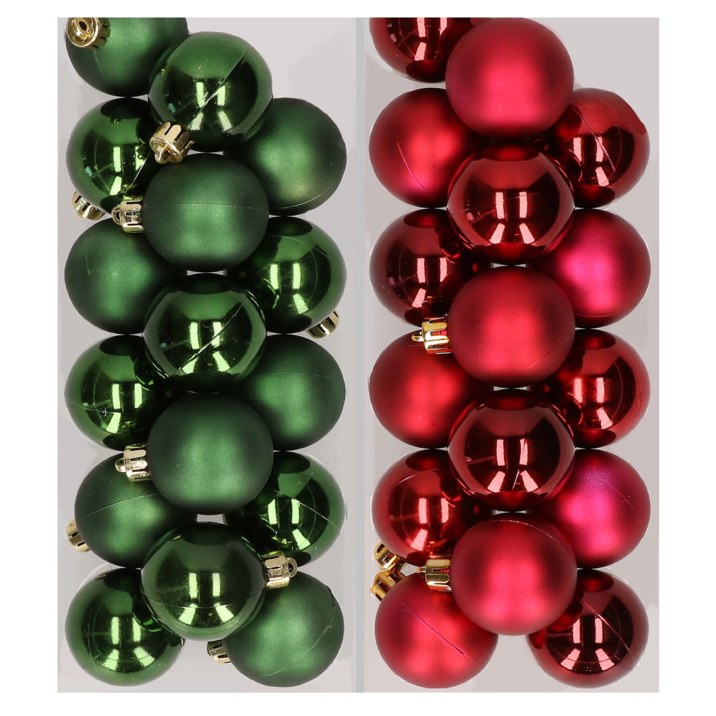 32x stuks kunststof kerstballen mix van donkergroen en donkerrood 4 cm