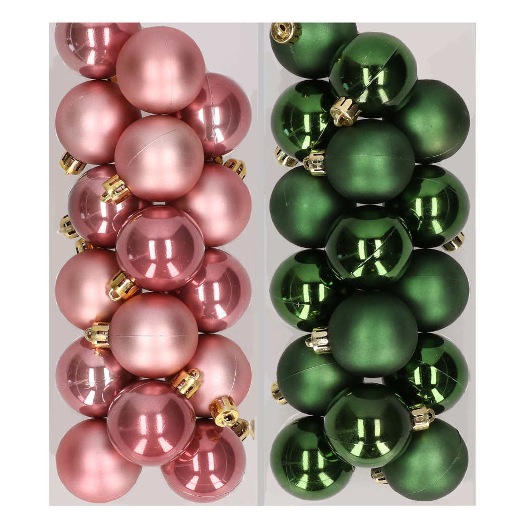 32x stuks kunststof kerstballen mix van oudroze en donkergroen 4 cm