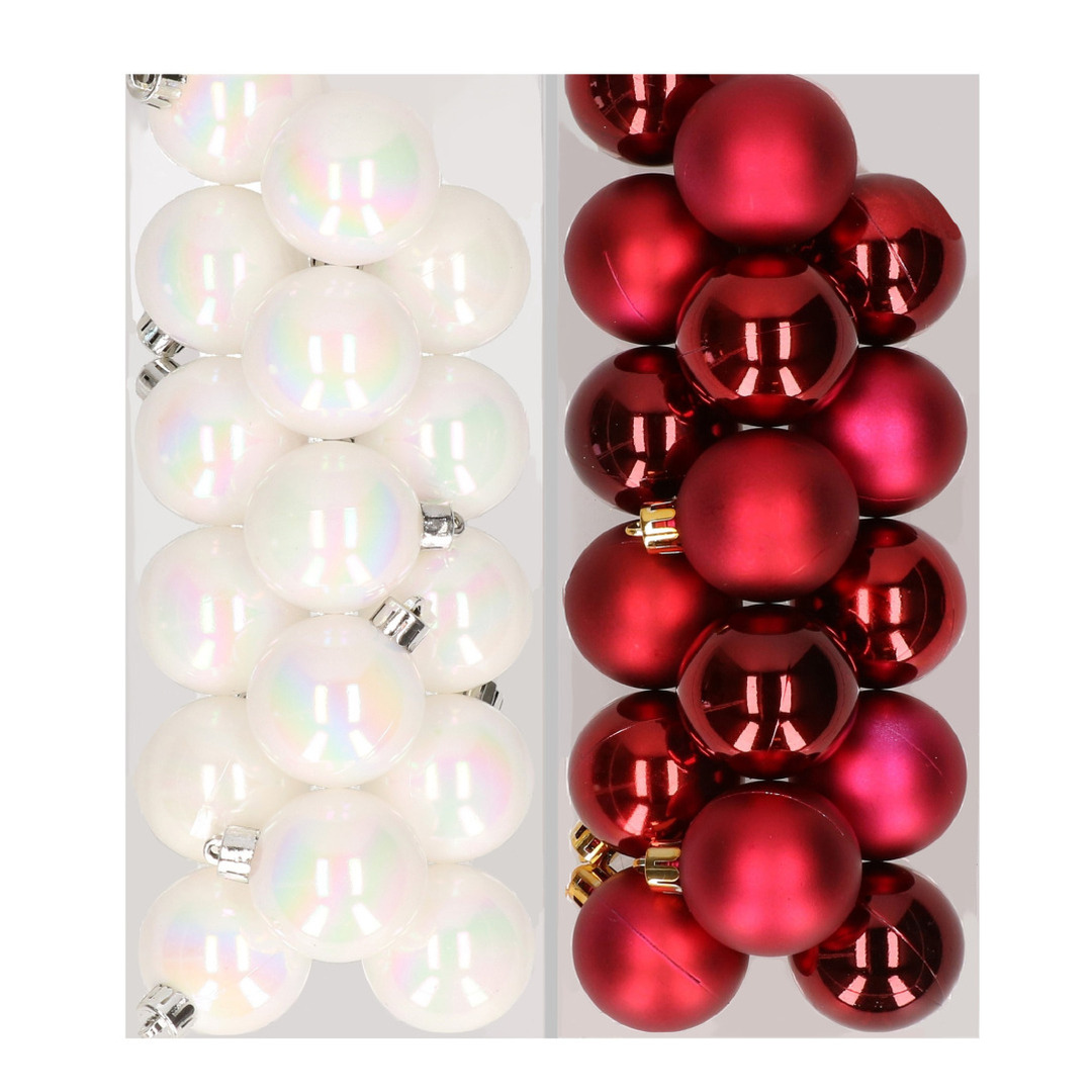32x stuks kunststof kerstballen mix van parelmoer wit en donkerrood 4 cm