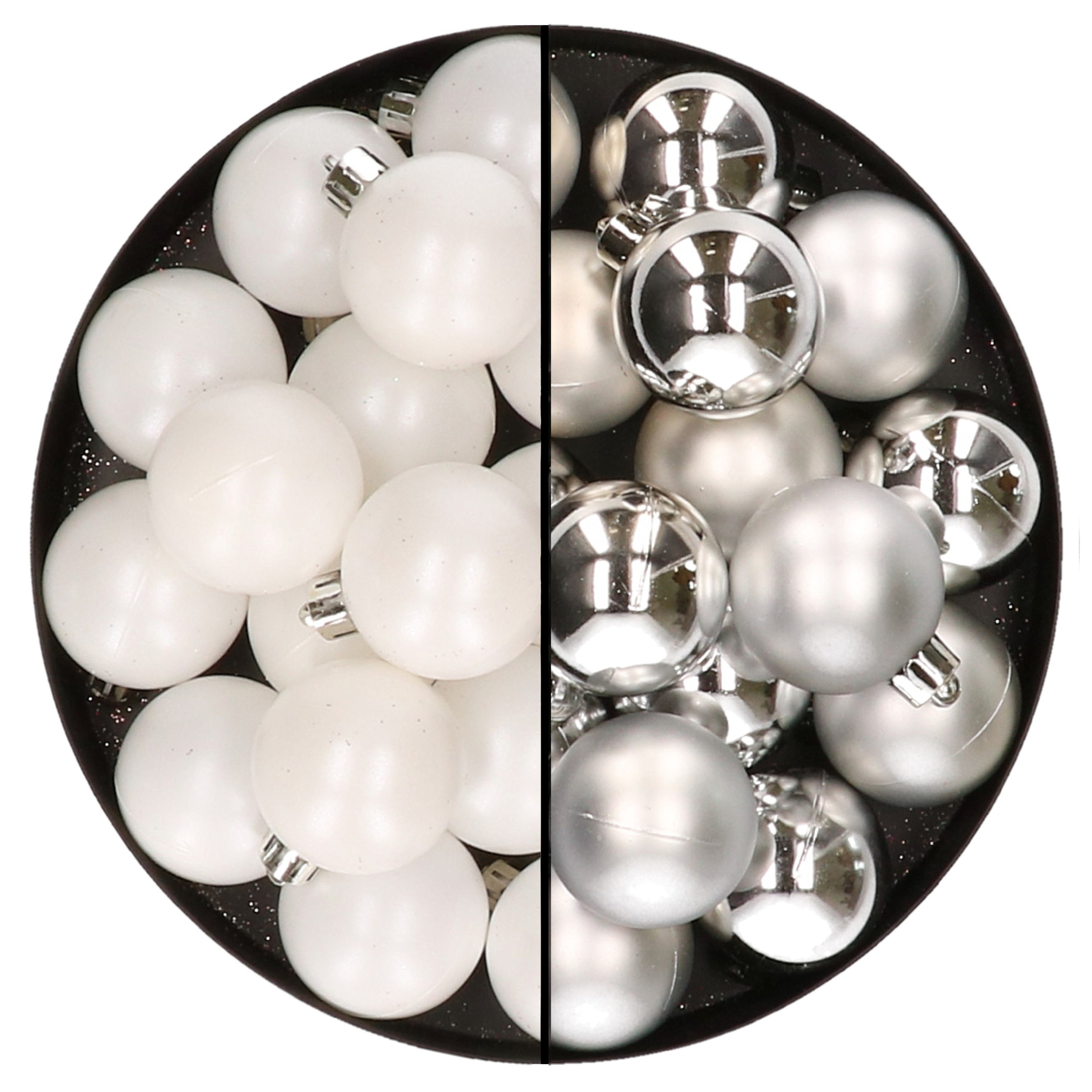 32x stuks kunststof kerstballen mix van wit en zilver 4 cm