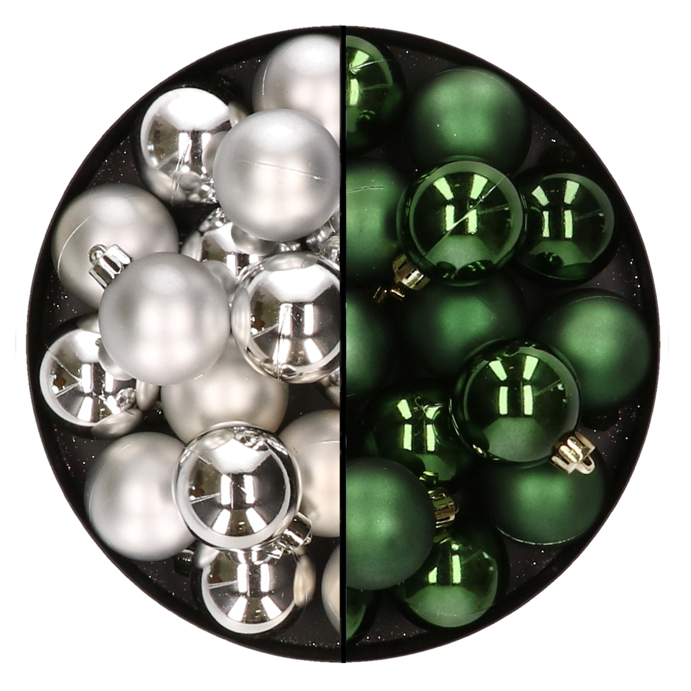 32x stuks kunststof kerstballen mix van zilver en donkergroen 4 cm