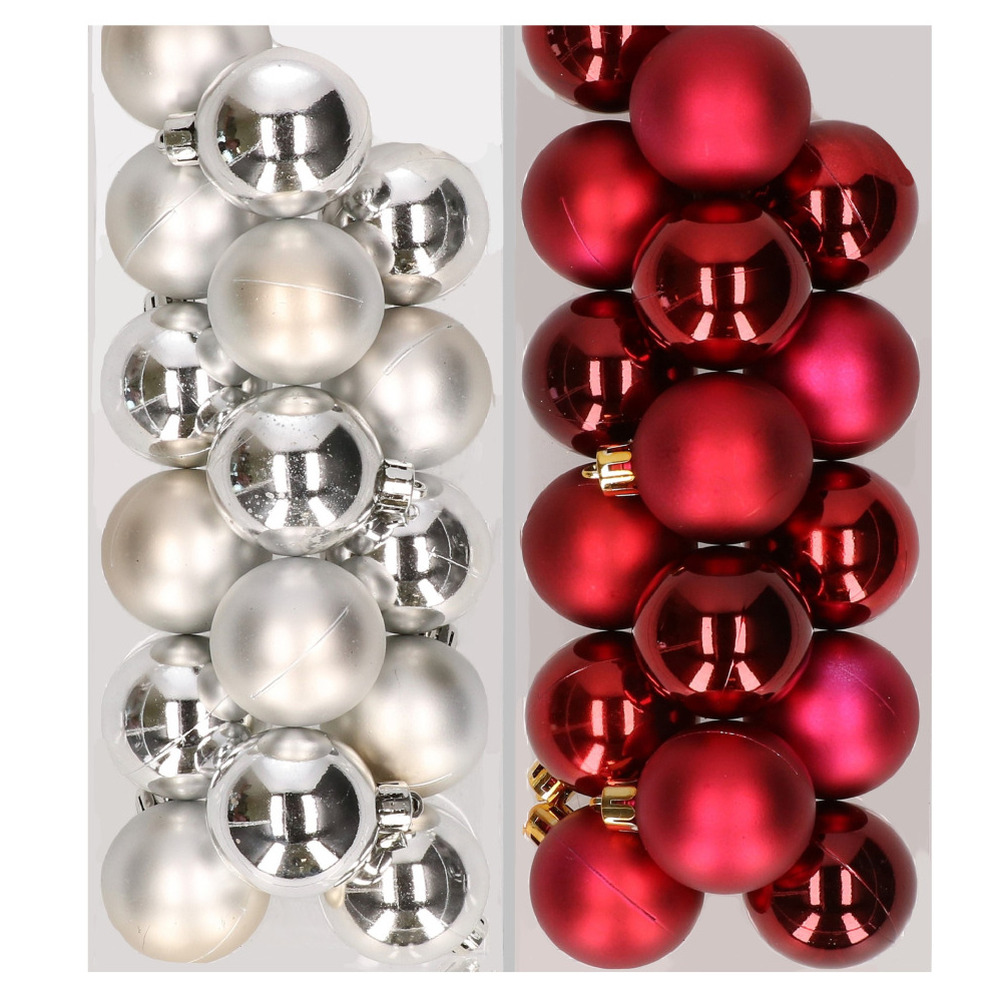 32x stuks kunststof kerstballen mix van zilver en donkerrood 4 cm