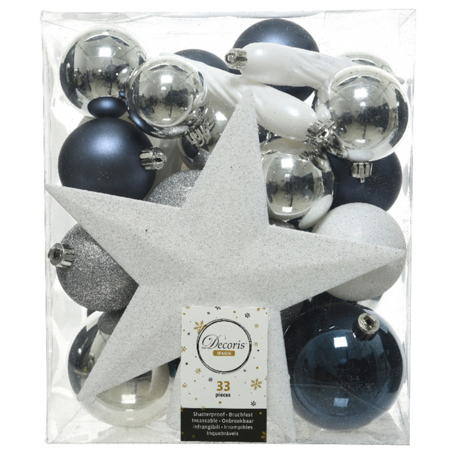 33x Blauw-wit-zilveren kerstballen met piek 5-6-8 cm kunststof