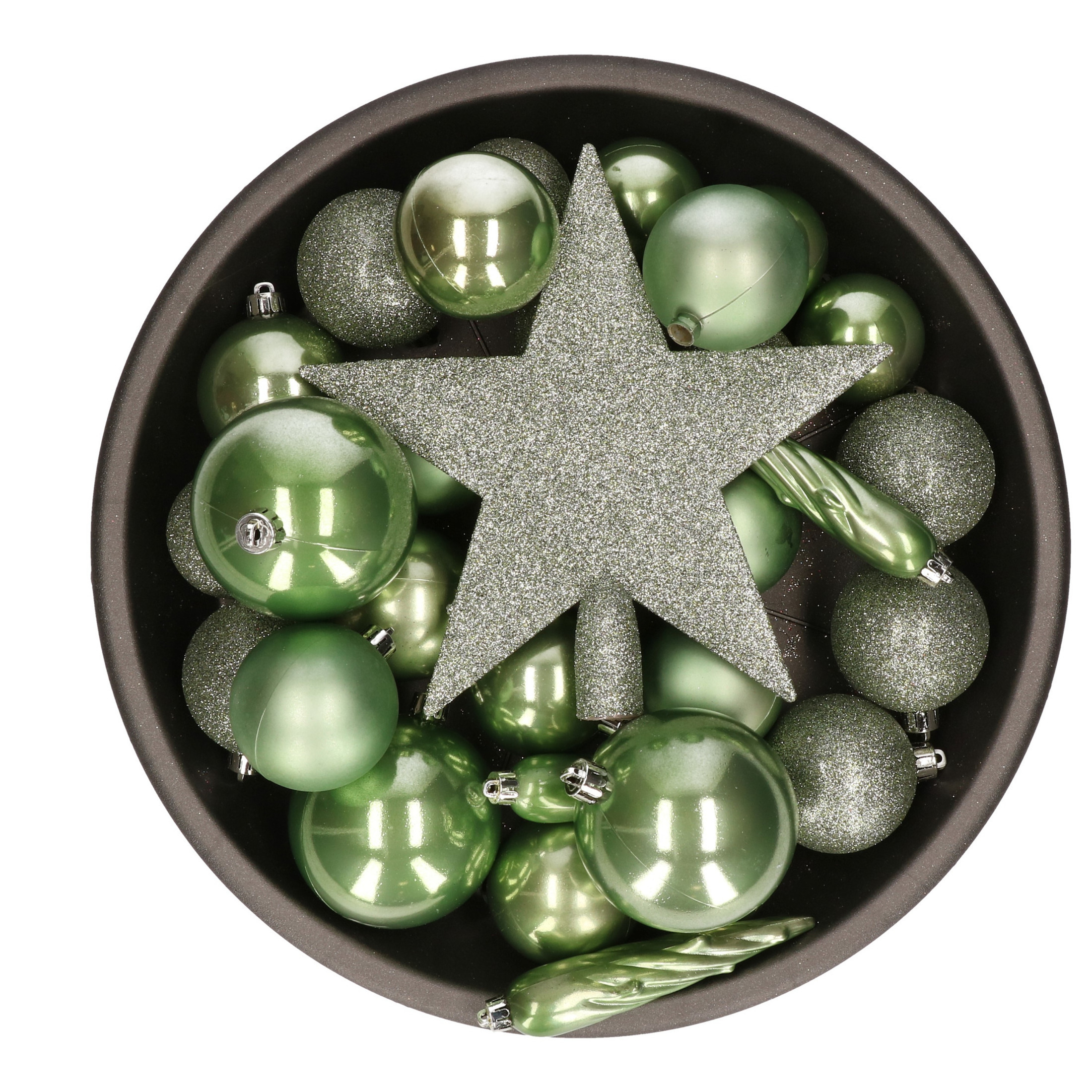 33x stuks kunststof kerstballen met piek 5-6-8 cm salie groen incl. haakjes