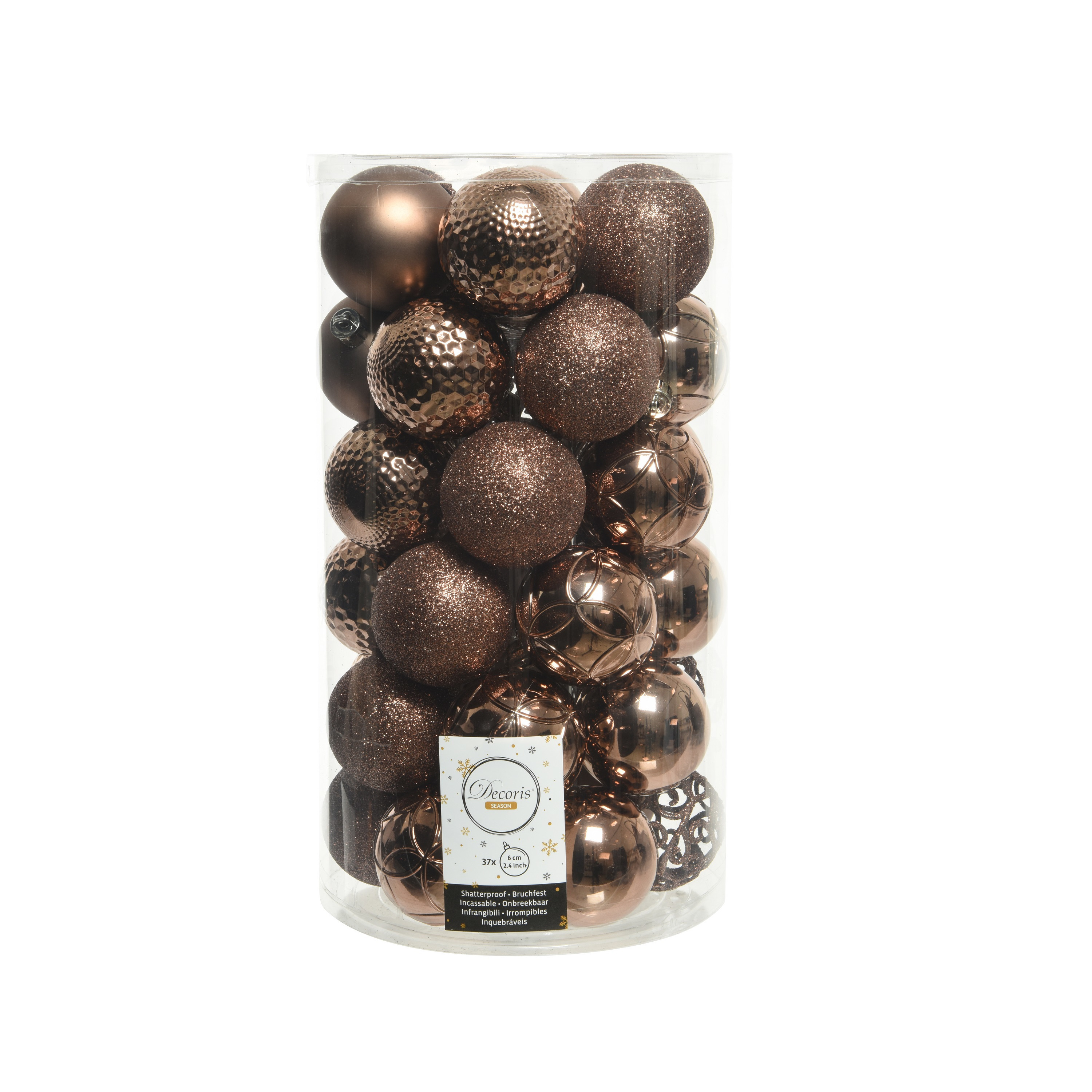37x stuks kunststof kerstballen walnoot bruin 6 cm glans-mat-glitter mix