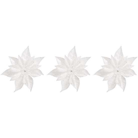 3x Kerstartikelen witte bloemen kerstboompiek 18 cm